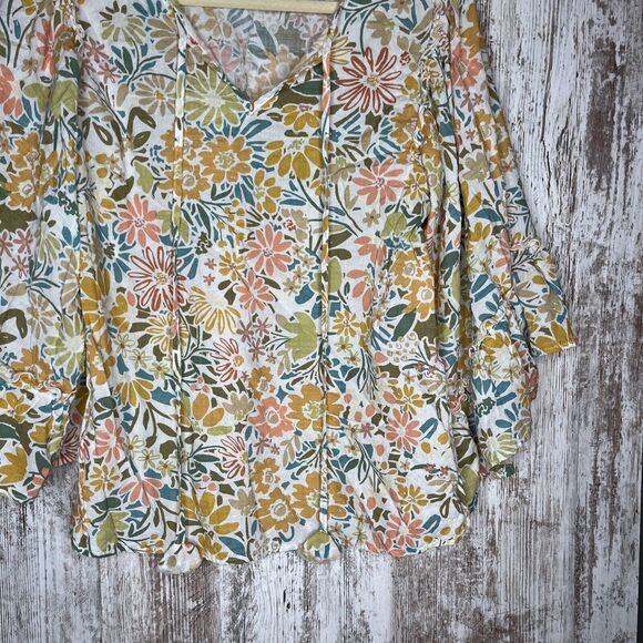 Ivy Jane Women's Size XS Top Oversized V-Neck Tie Neck Ivory Floral Bell Sleeve - Picture 3 of 15